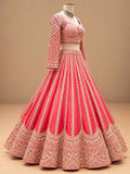 Coral Pink Embroidered Bridal Lehenga Set with Dupatta | Women's Wedding Wear