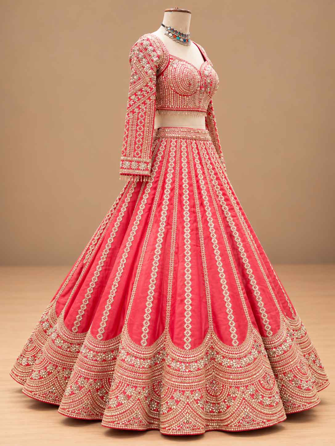 Coral Pink Embroidered Bridal Lehenga Set with Dupatta | Women's Wedding Wear