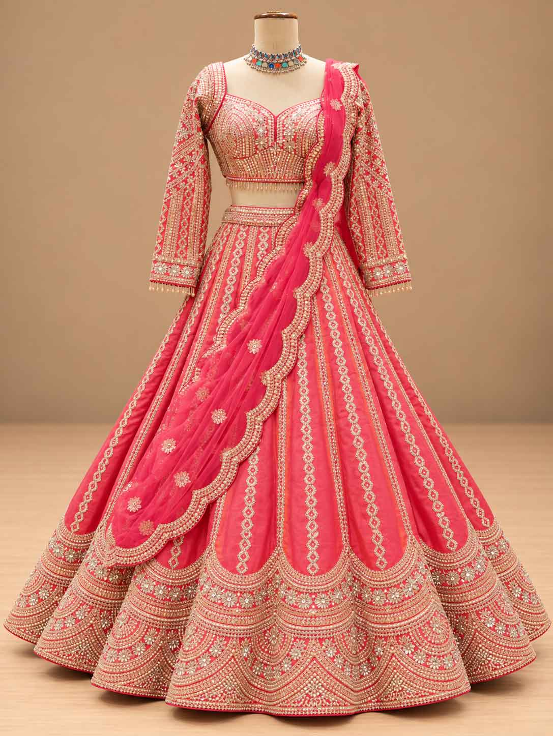 Coral Pink Embroidered Bridal Lehenga Set with Dupatta | Women's Wedding Wear