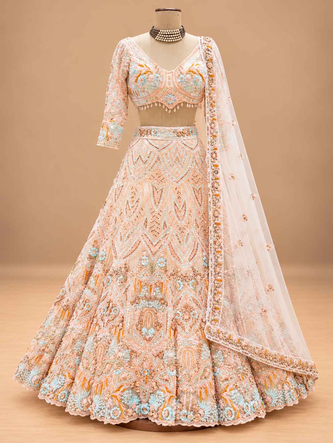 Brown Multicolour Embroidered Lehenga Set with Dupatta | Women's Wedding Wear