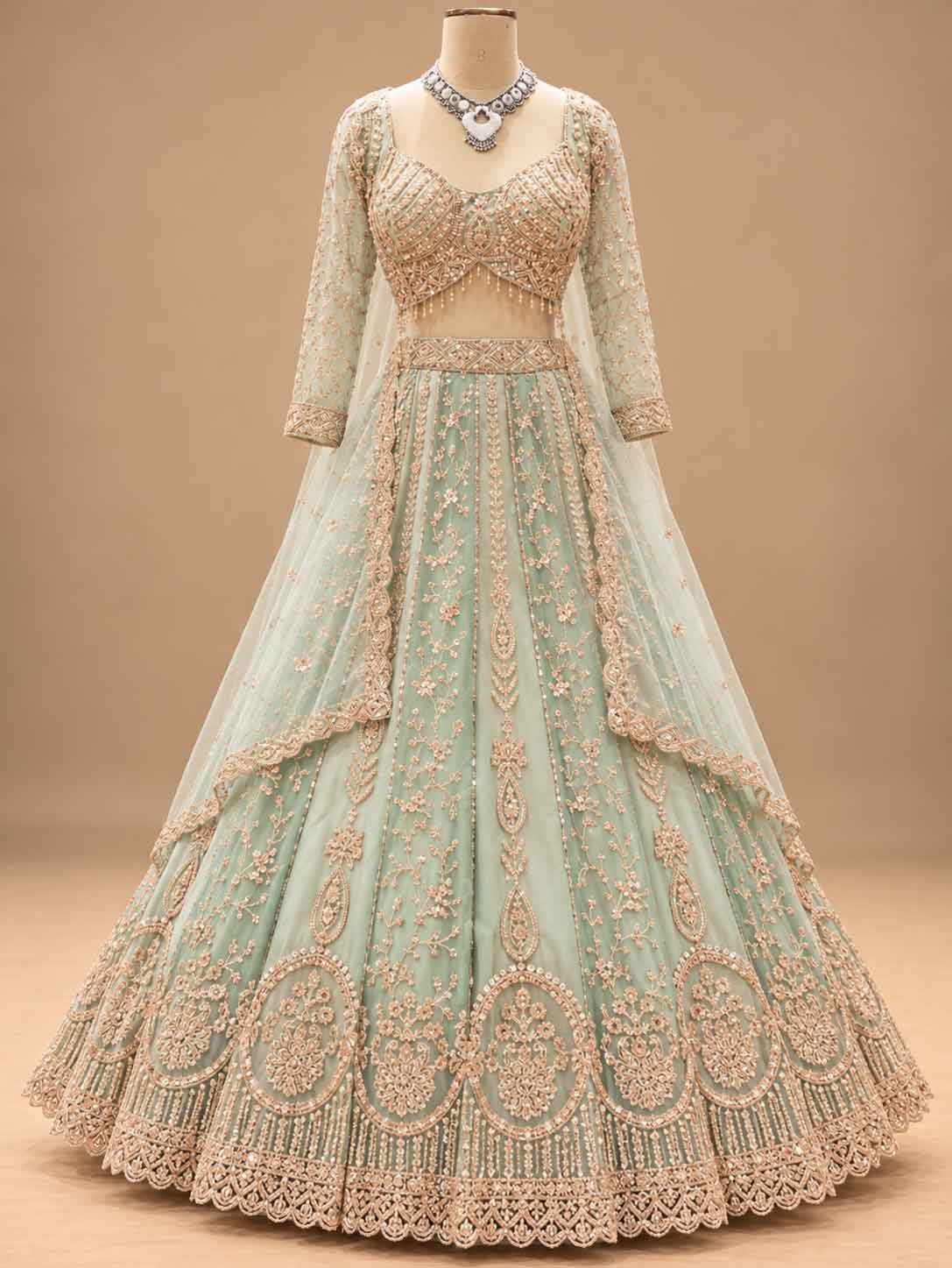 Sage Green Embroidered Lehenga Set with Dupatta | Women's Wedding Wear