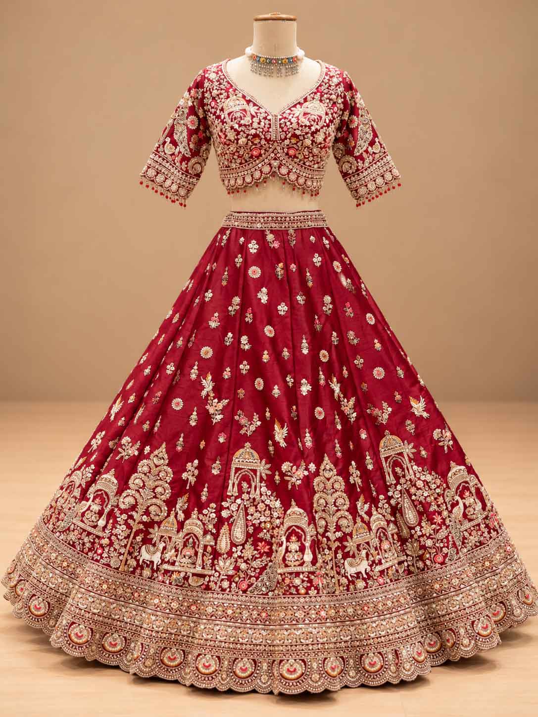 Maroon Red Embroidered Bridal Lehenga Set with Dupatta | Women's Wedding Wear