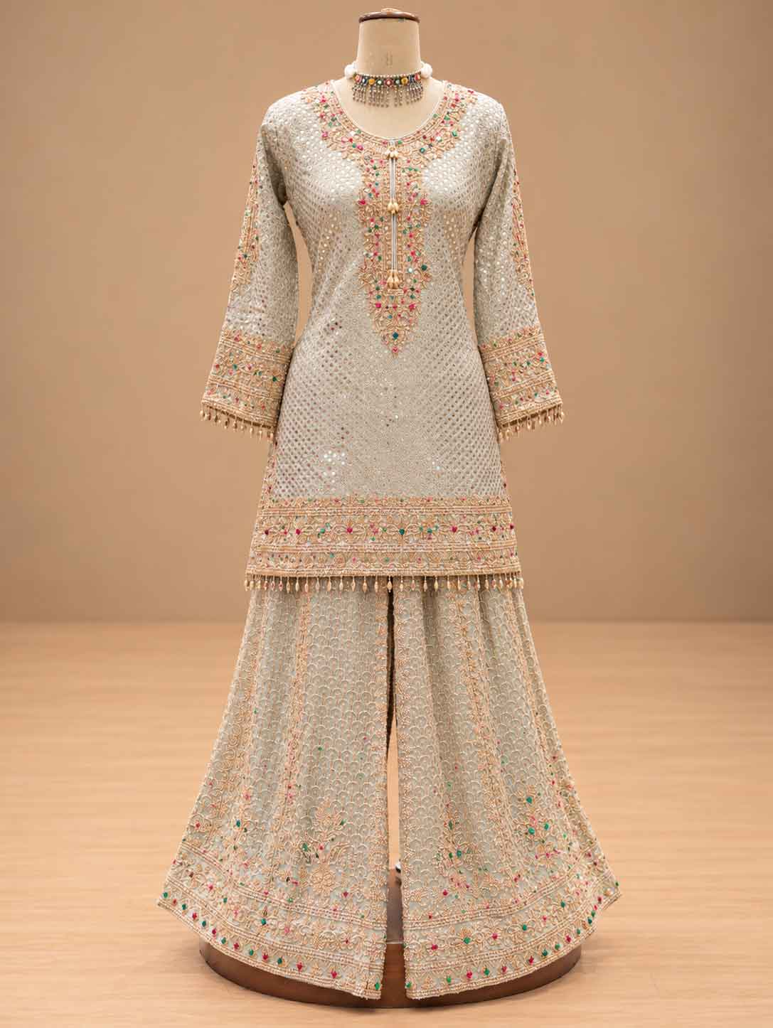 Pastel Mint Green Embroidered Sharara Suit Set with Dupatta | Women's Festive Wear