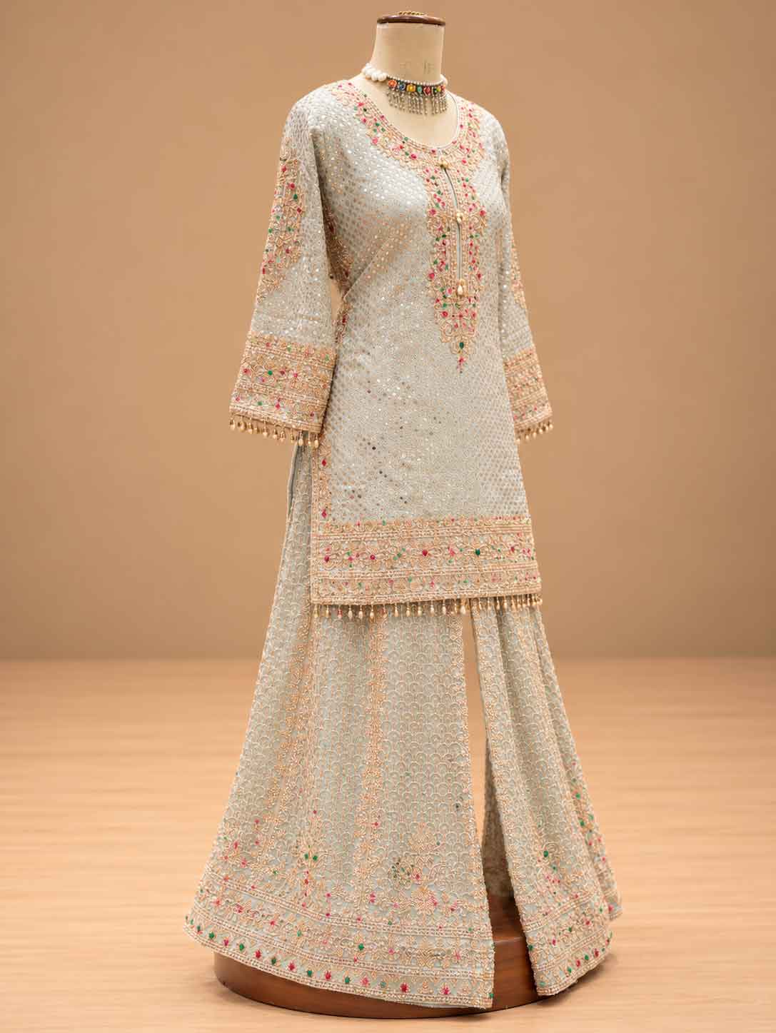 Pastel Mint Green Embroidered Sharara Suit Set with Dupatta | Women's Festive Wear