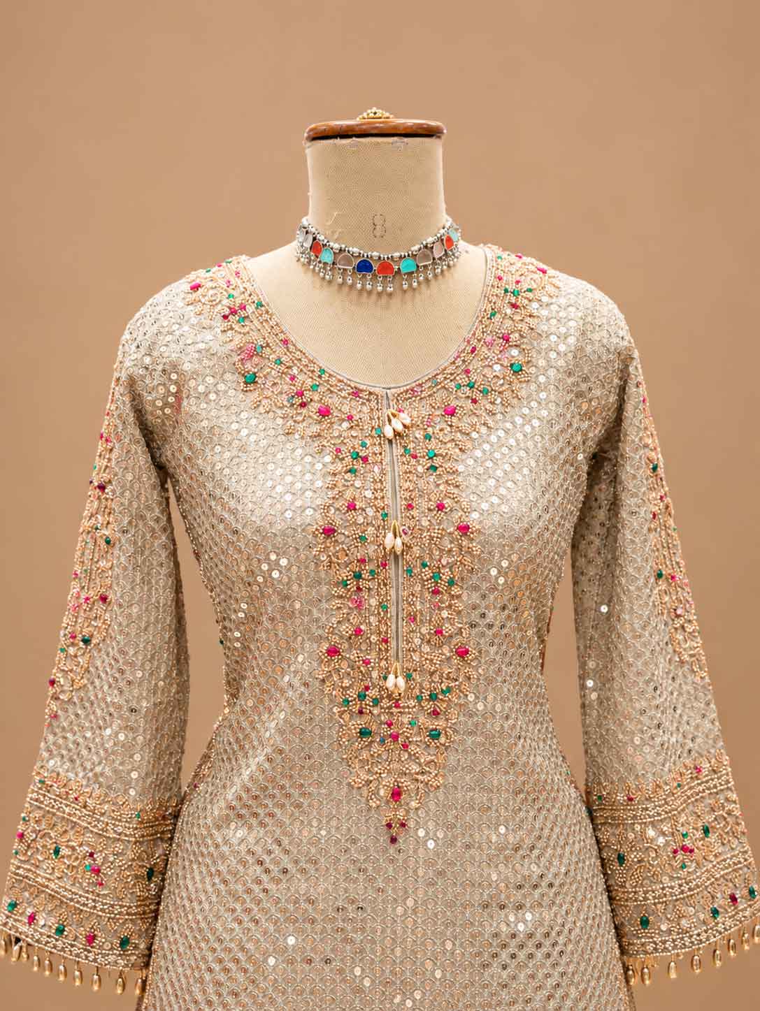 Ivory & Beige Embroidered Sharara Suit Set with Dupatta | Women's Festive Wear