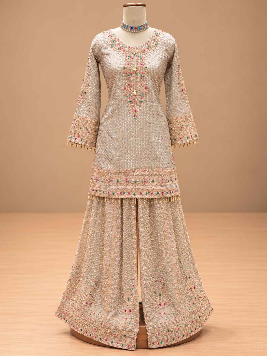 Ivory & Beige Embroidered Sharara Suit Set with Dupatta | Women's Festive Wear