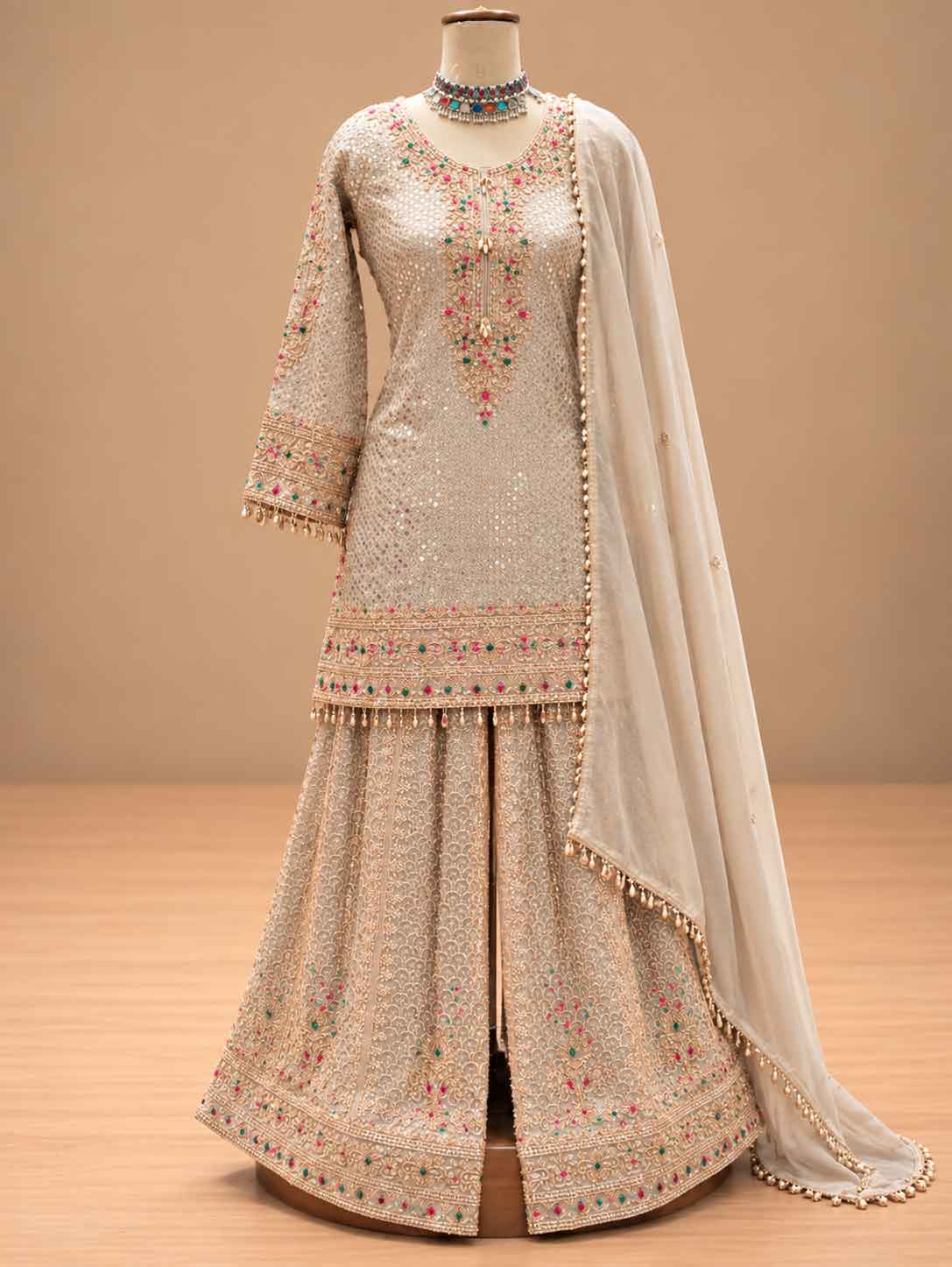 Ivory & Beige Embroidered Sharara Suit Set with Dupatta | Women's Festive Wear