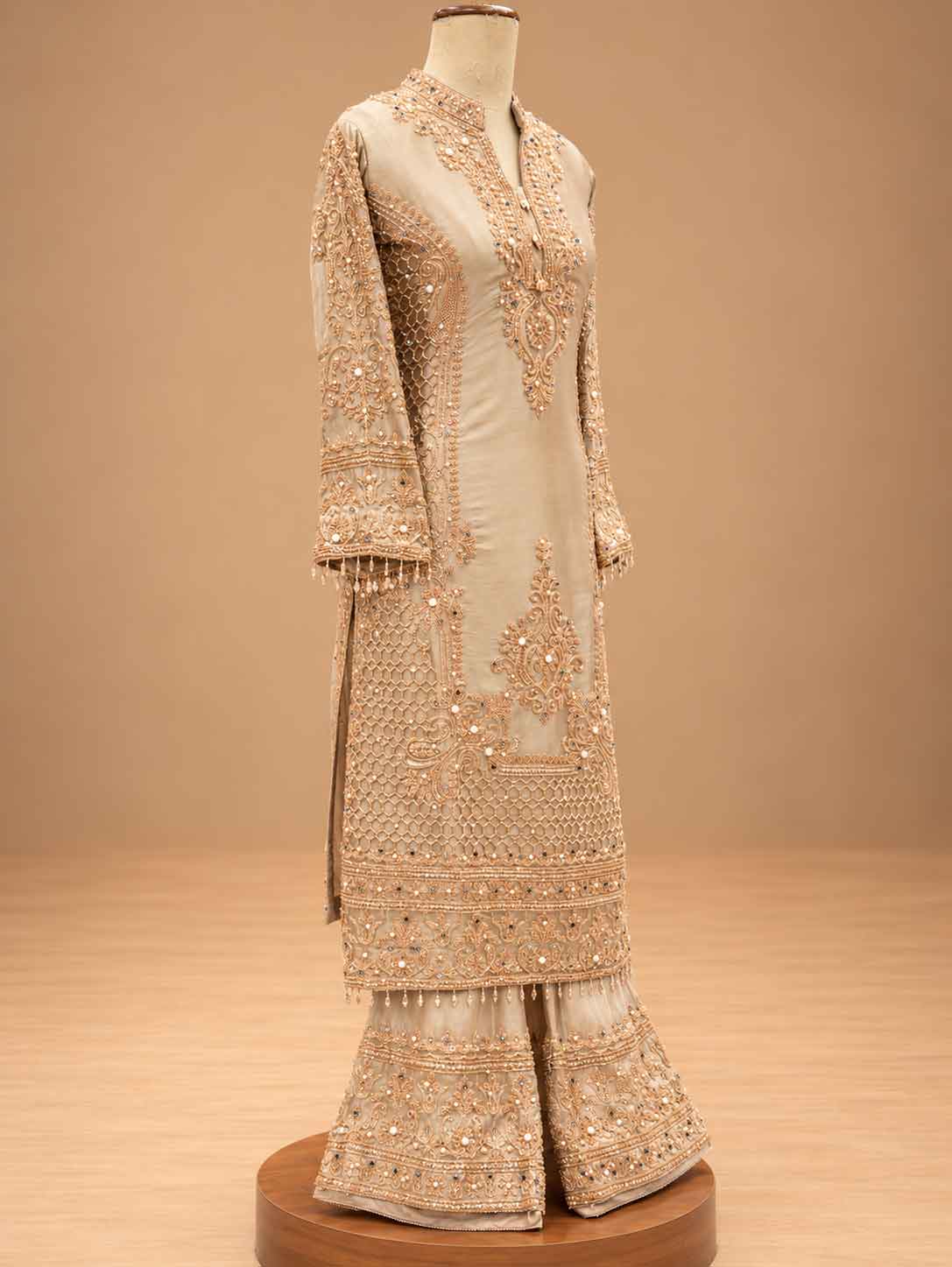 Champagne Beige Embroidered Kurta Set with Palazzo & Dupatta | Women's Festive Wear