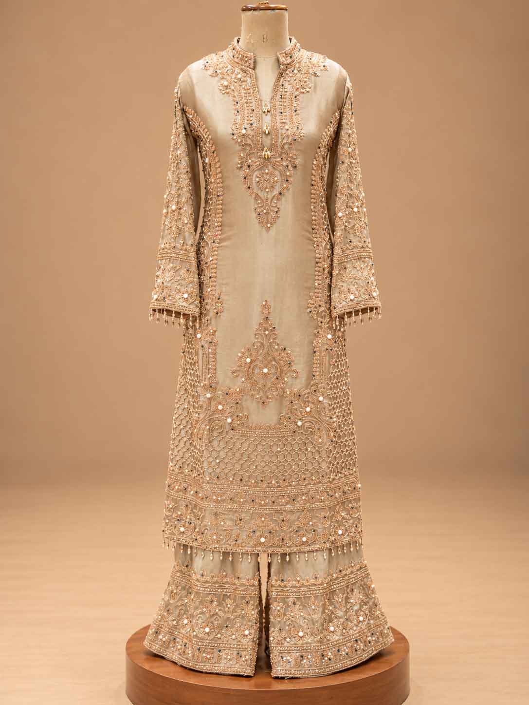 Champagne Beige Embroidered Kurta Set with Palazzo & Dupatta | Women's Festive Wear