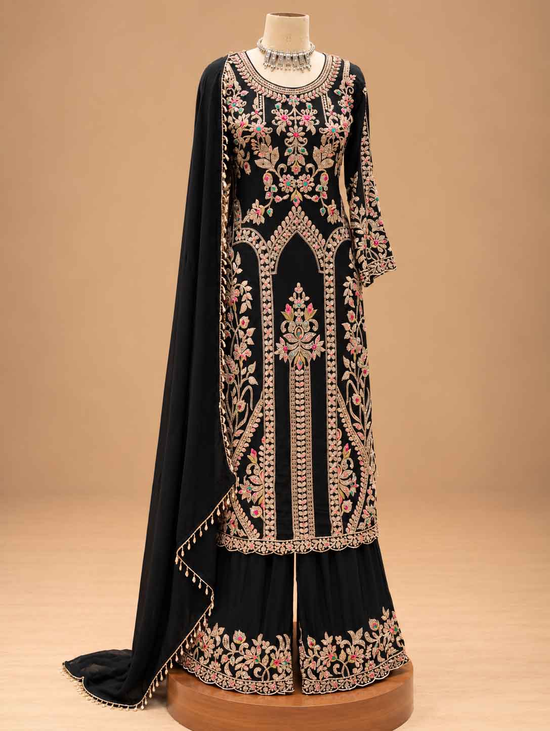 Black Embroidered Anarkali Kurta Set with Palazzo & Dupatta | Women's Ethnic Wear