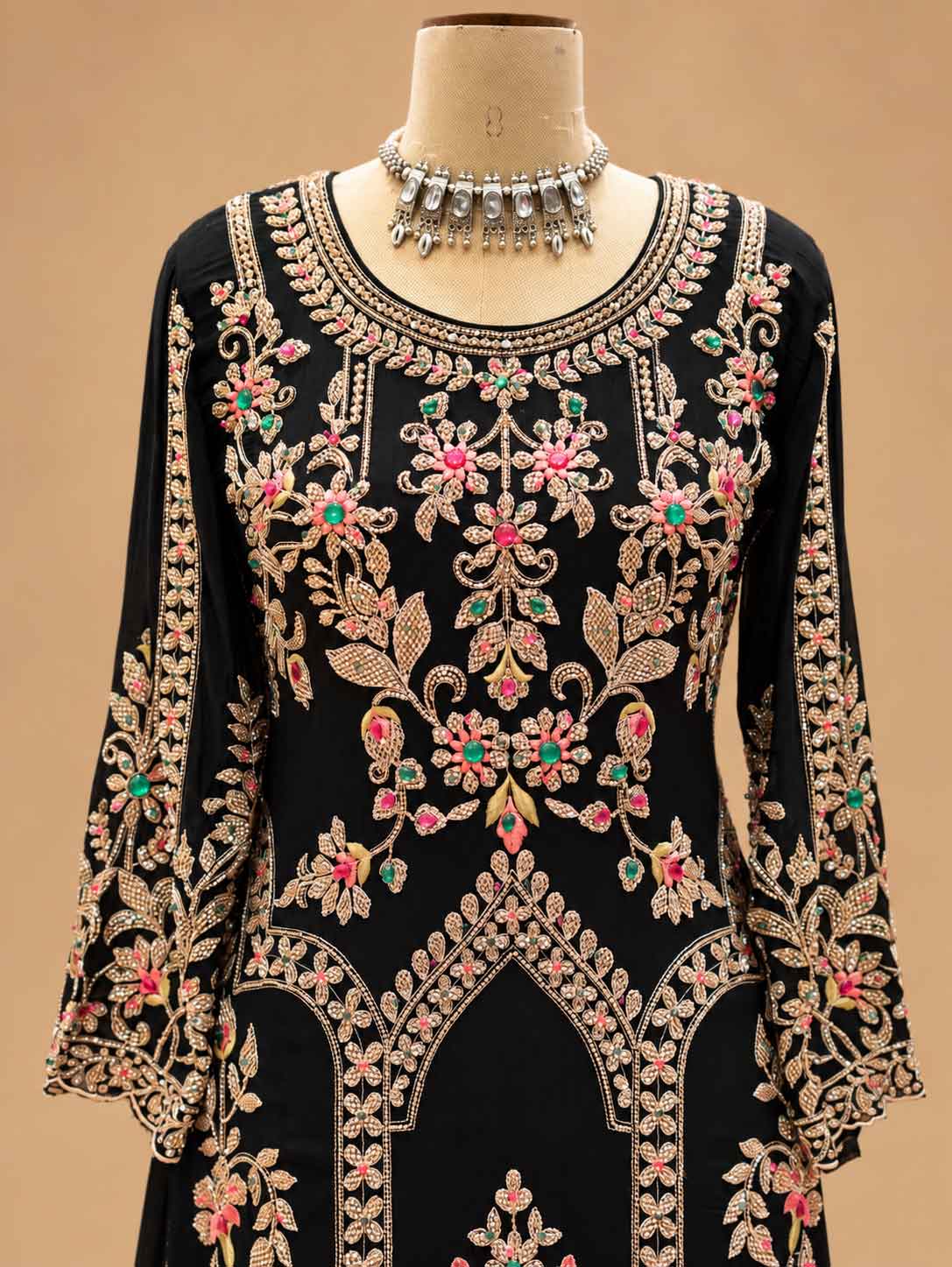 Black Embroidered Anarkali Kurta Set with Palazzo & Dupatta | Women's Ethnic Wear