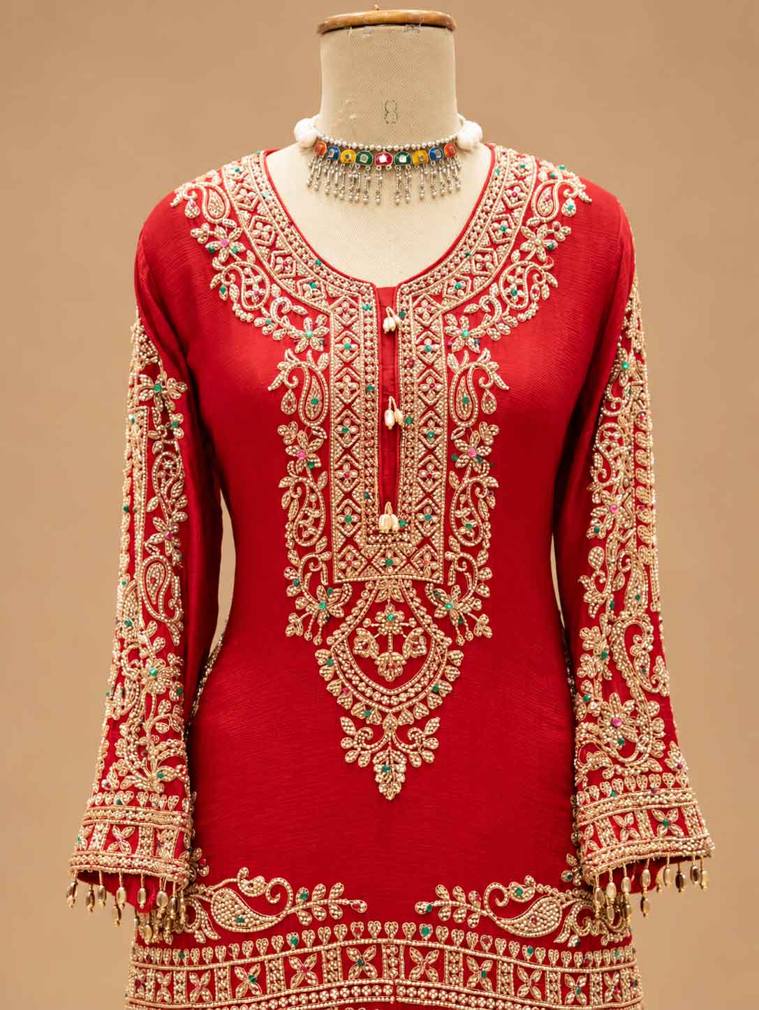 Red & Teal Green Embroidered Sharara Suit Set with Dupatta | Women's Festive Wear