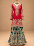 Red & Teal Green Embroidered Sharara Suit Set with Dupatta | Women's Festive Wear