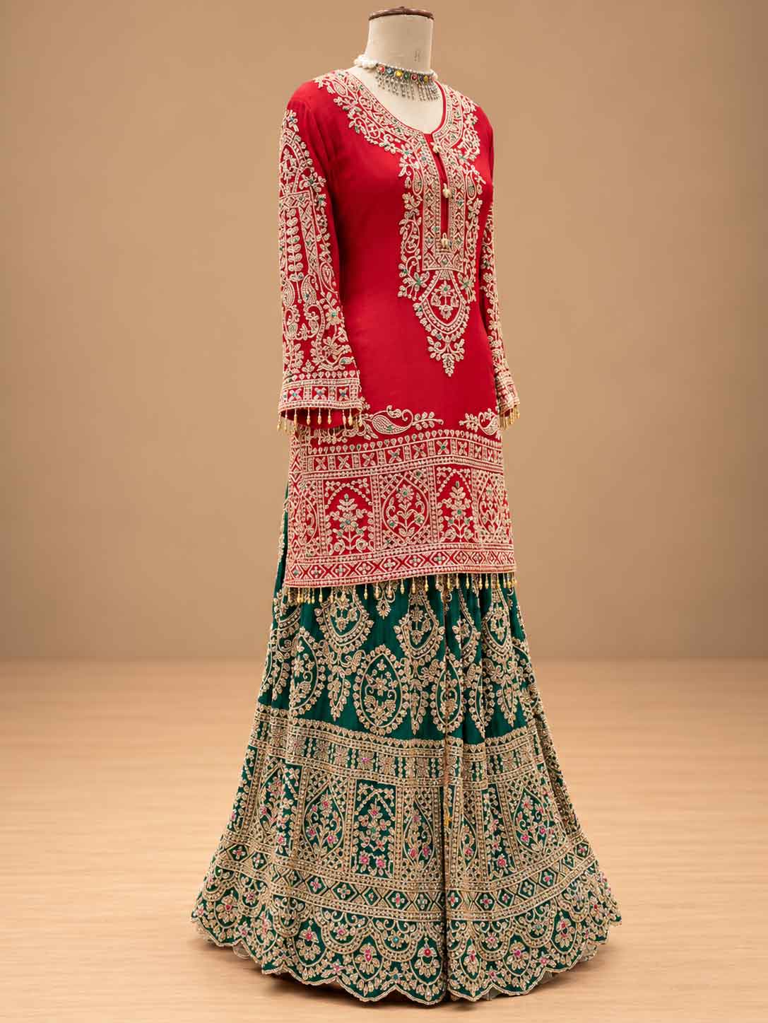 Red & Teal Green Embroidered Sharara Suit Set with Dupatta | Women's Festive Wear