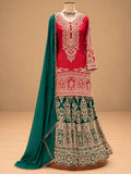 Red & Teal Green Embroidered Sharara Suit Set with Dupatta | Women's Festive Wear