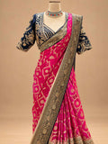 Hot Pink & Navy Blue Designer Saree with Embroidered Border | Women's Festive Wear