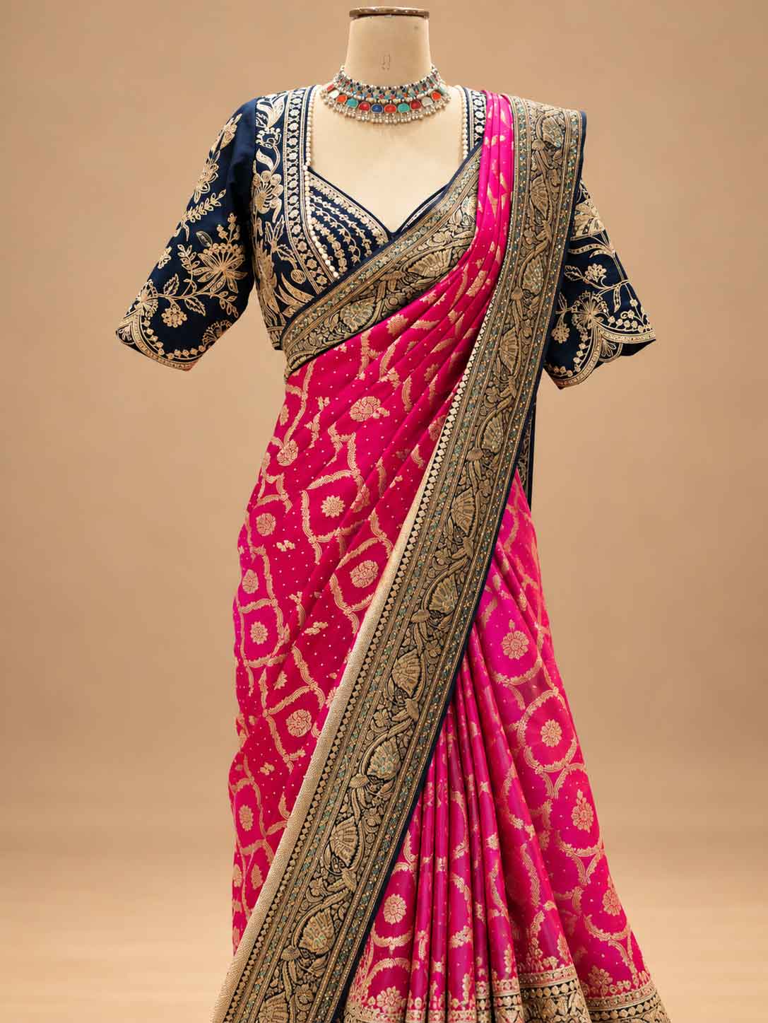 Hot Pink & Navy Blue Designer Saree with Embroidered Border | Women's Festive Wear