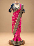 Hot Pink & Navy Blue Designer Saree with Embroidered Border | Women's Festive Wear
