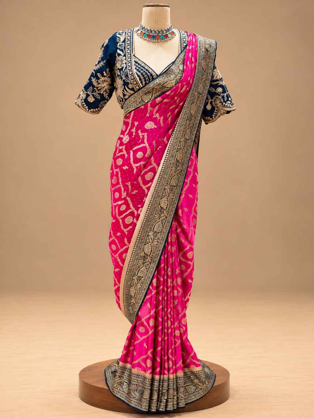 Hot Pink & Navy Blue Designer Saree with Embroidered Border | Women's Festive Wear