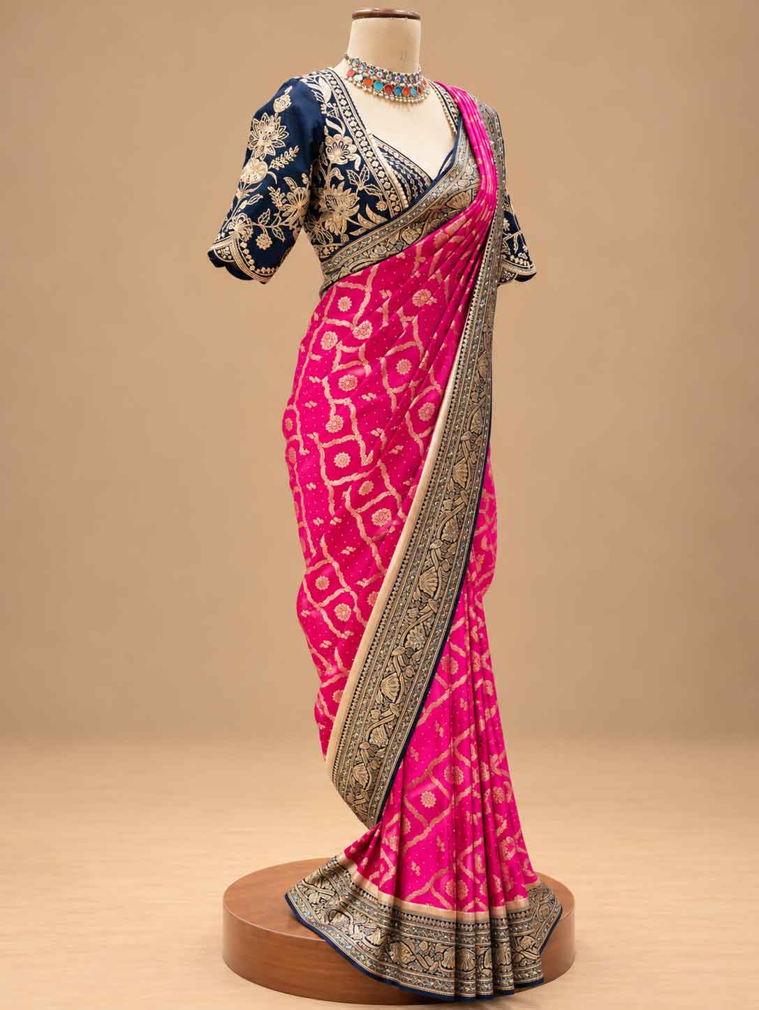 Hot Pink & Navy Blue Designer Saree with Embroidered Border | Women's Festive Wear