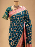 Deep Teal Blue Saree with Pink & Gold Border | Women's Festive Wear
