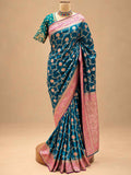 Deep Teal Blue Saree with Pink & Gold Border | Women's Festive Wear