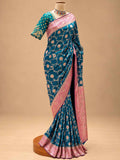 Deep Teal Blue Saree with Pink & Gold Border | Women's Festive Wear