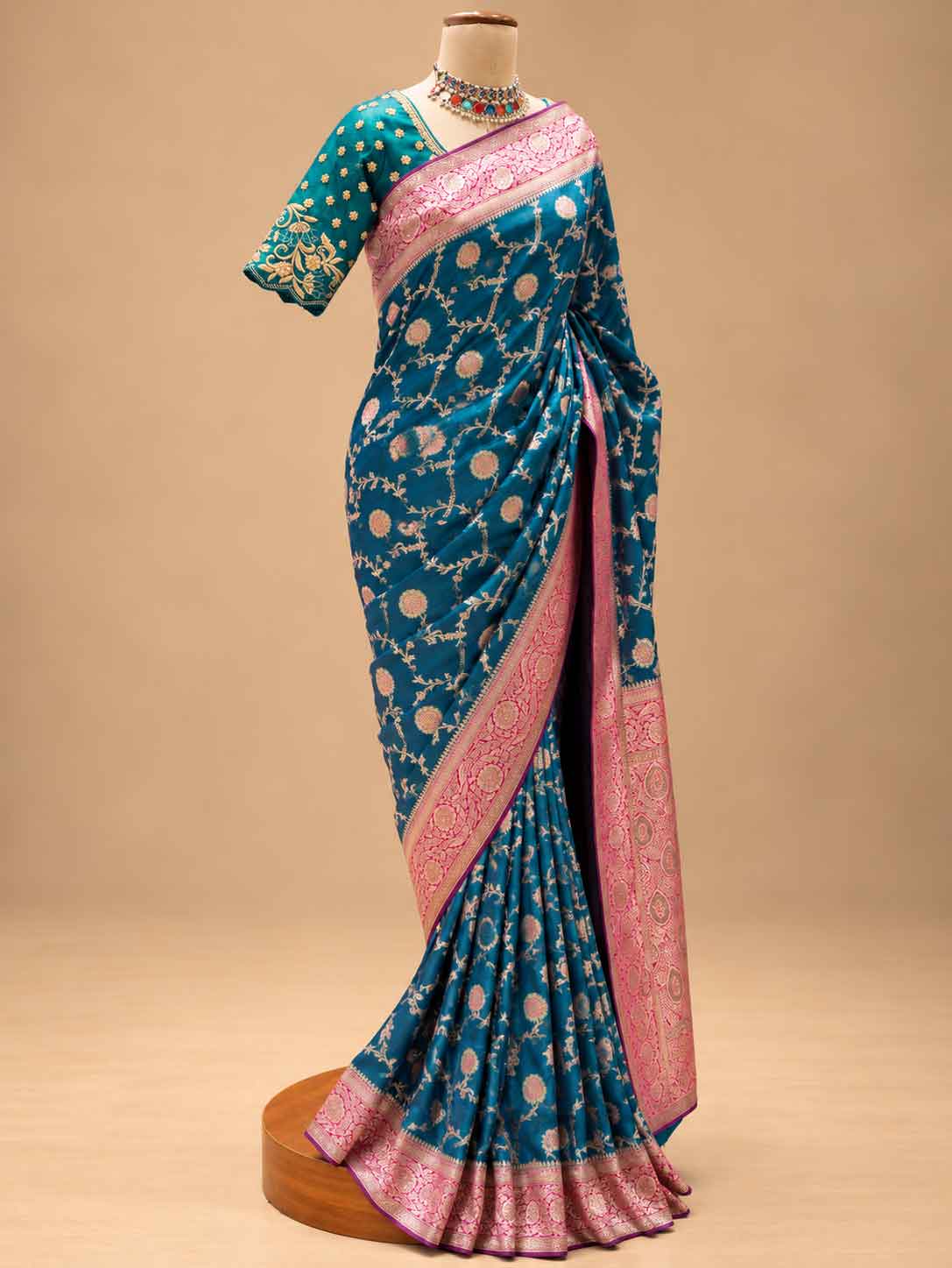 Deep Teal Blue Saree with Pink & Gold Border | Women's Festive Wear
