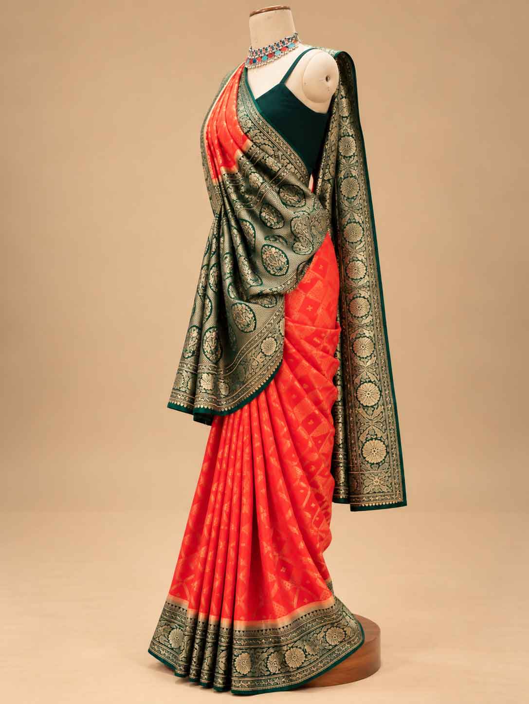 "Red Saree with Antique Gold & Green Border | Women's Festive Wear "