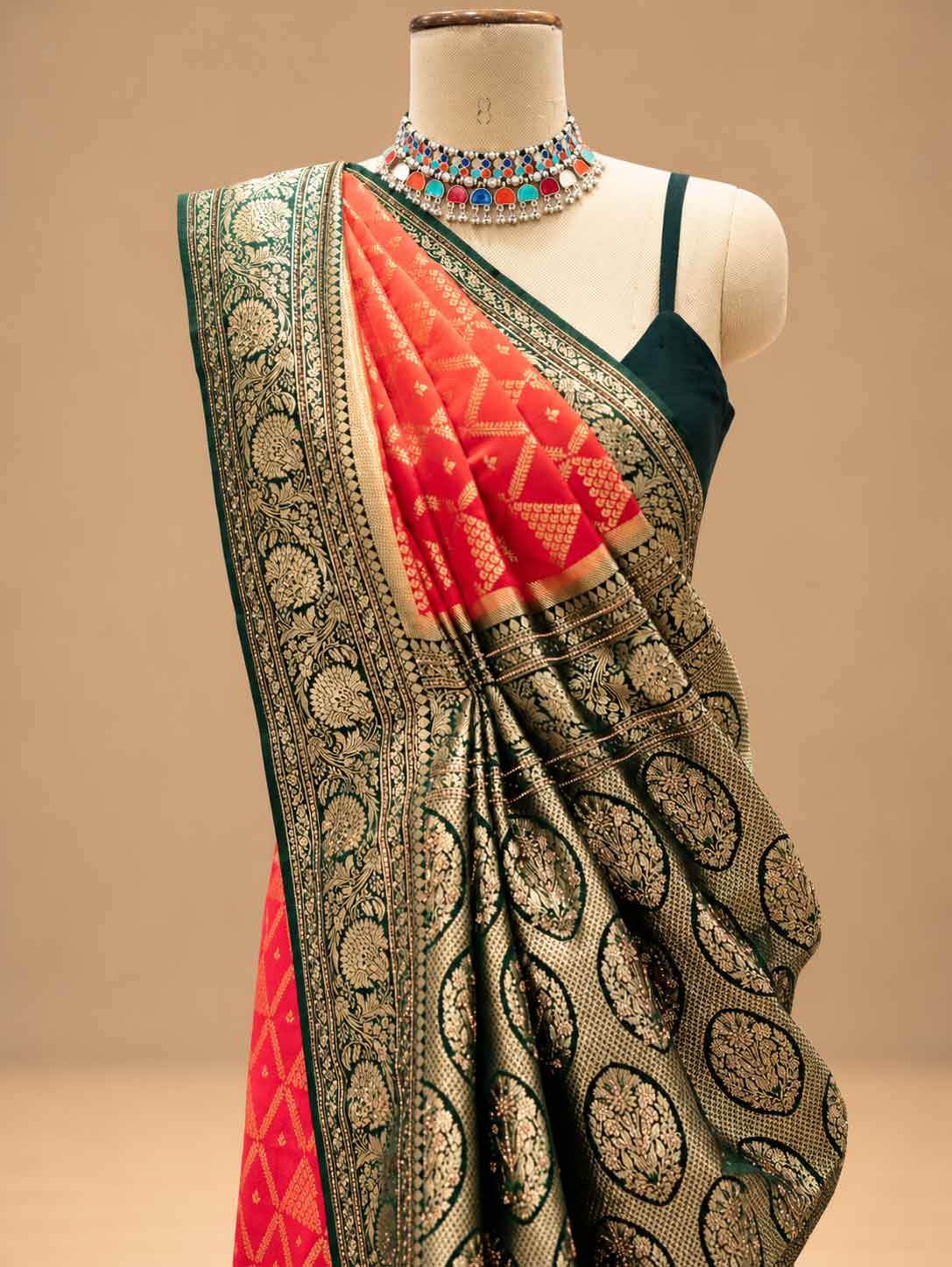 "Red Saree with Antique Gold & Green Border | Women's Festive Wear "