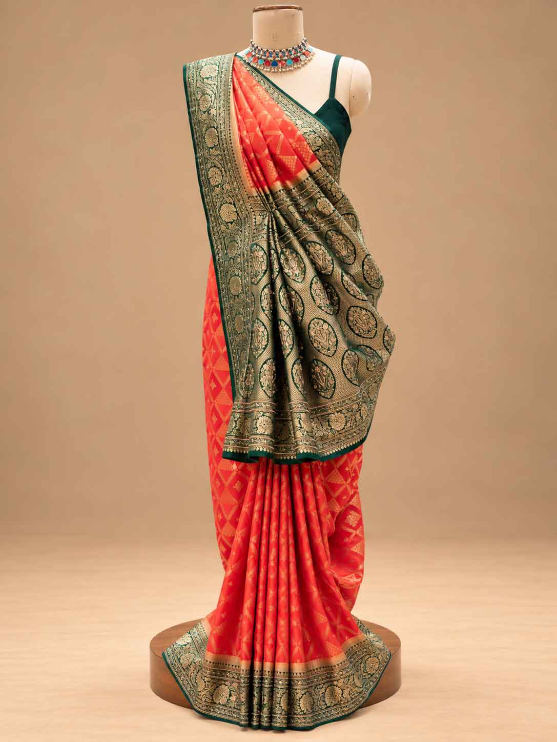 "Red Saree with Antique Gold & Green Border | Women's Festive Wear "