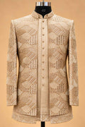 Champagne Gold Textured Indo-Western Suit Set for Men | Wedding & Groom Wear