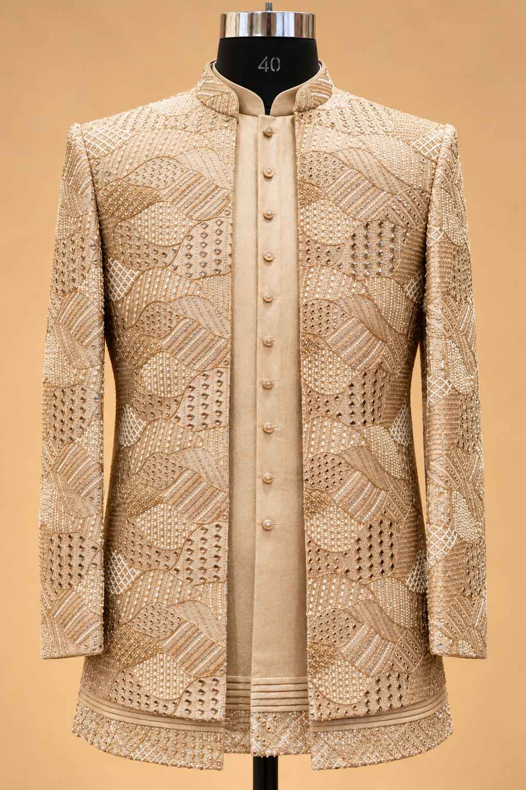 Champagne Gold Textured Indo-Western Suit Set for Men | Wedding & Groom Wear
