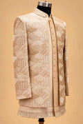 Champagne Gold Textured Indo-Western Suit Set for Men | Wedding & Groom Wear