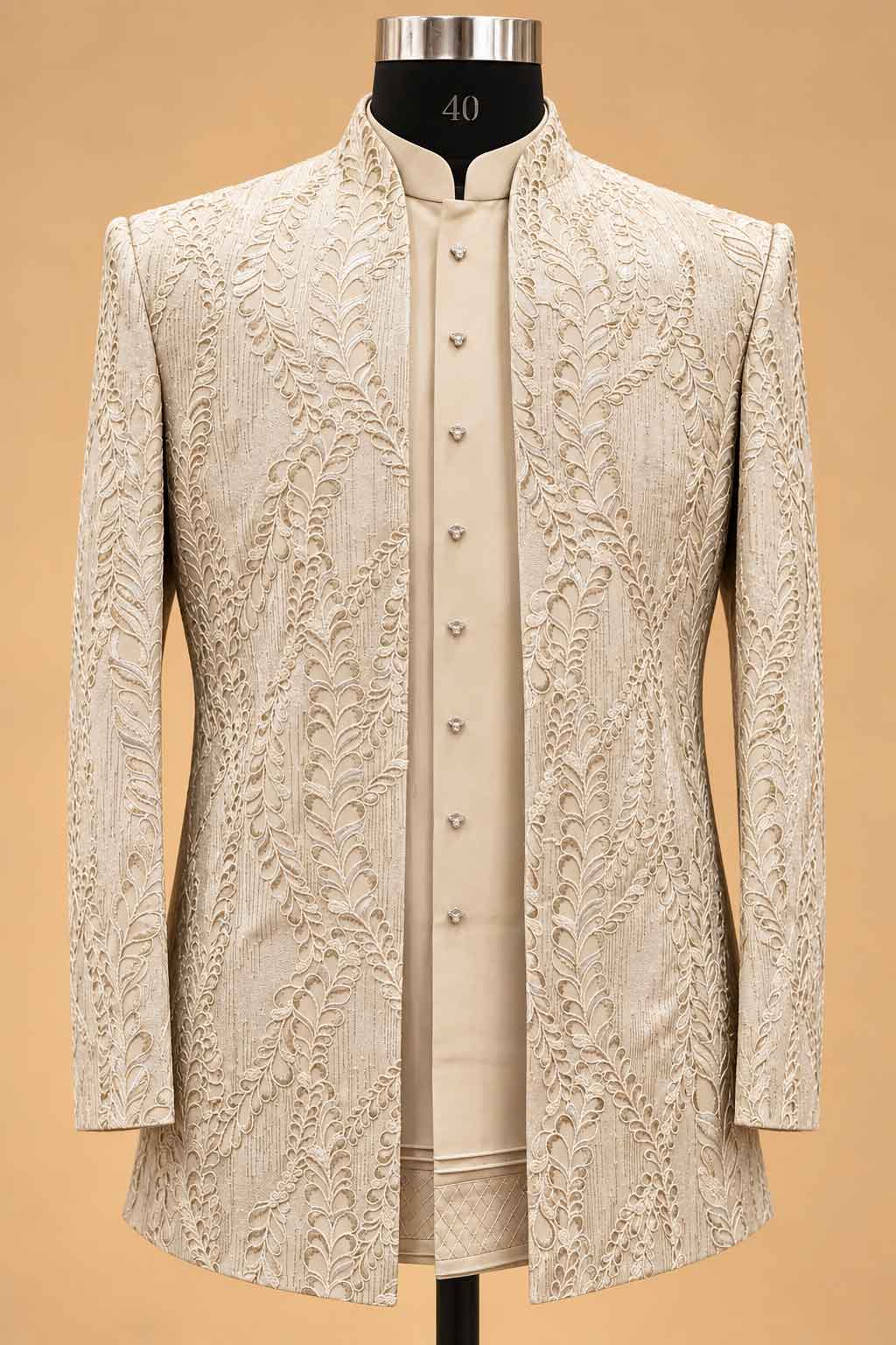 Ivory Textured Indo-Western Suit Set for Men | Wedding & Groom Wear