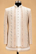 Ivory Pastel Gold Embellished Indo-Western Suit Set for Men | Wedding Wear