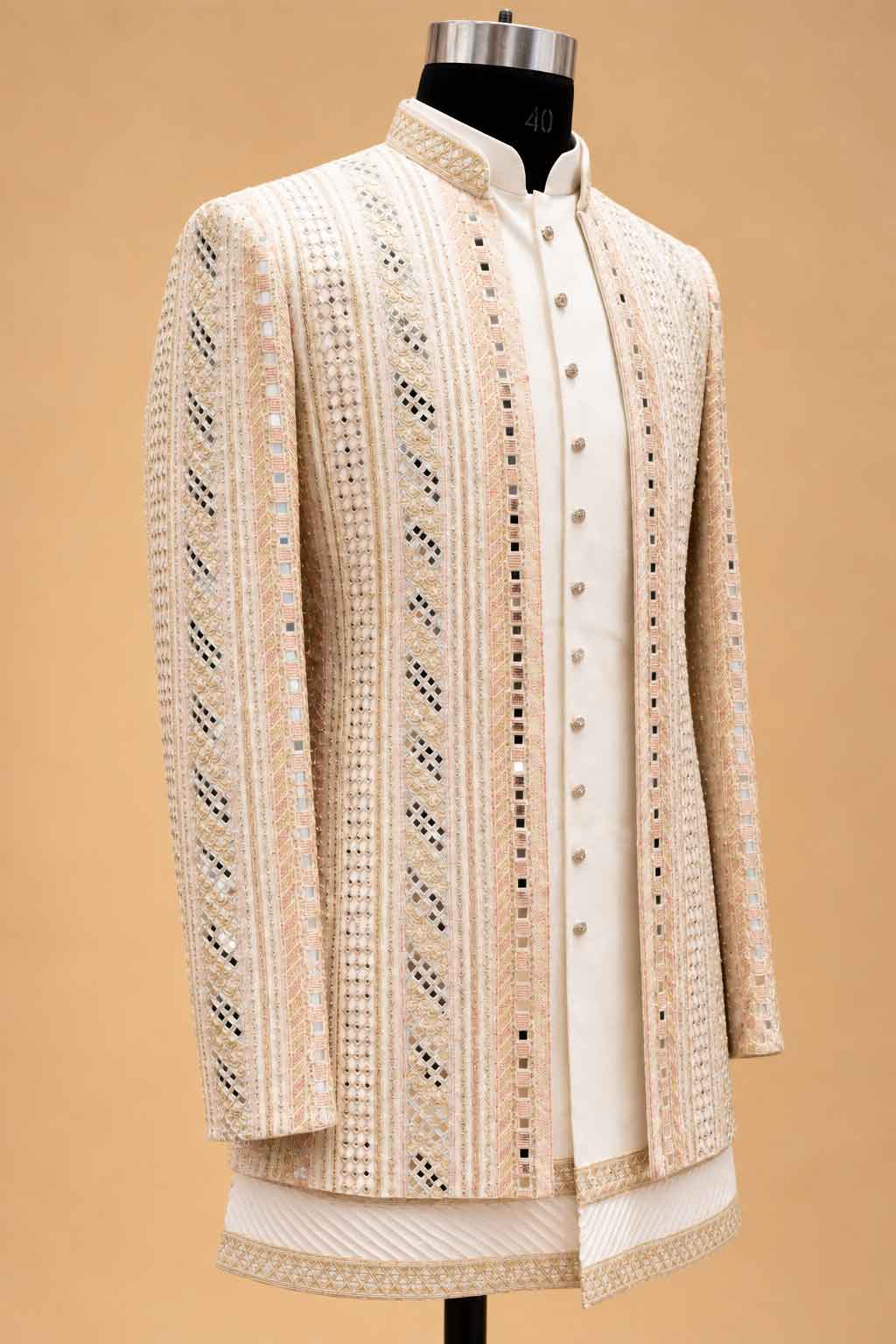 Ivory Pastel Gold Embellished Indo-Western Suit Set for Men | Wedding Wear