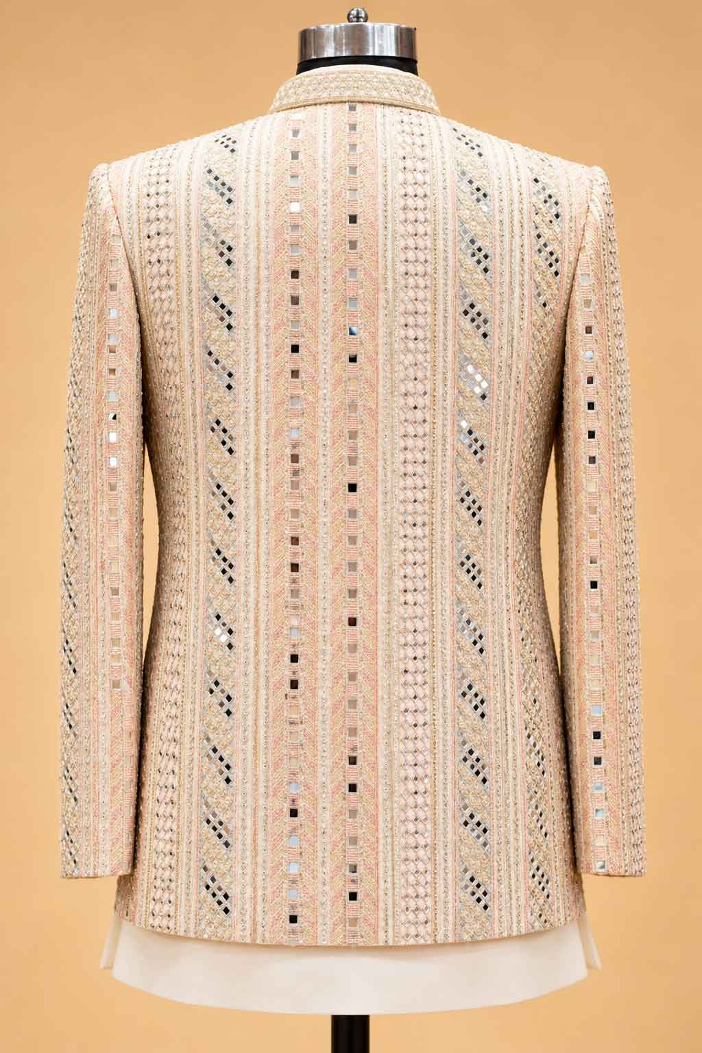 Ivory Pastel Gold Embellished Indo-Western Suit Set for Men | Wedding Wear