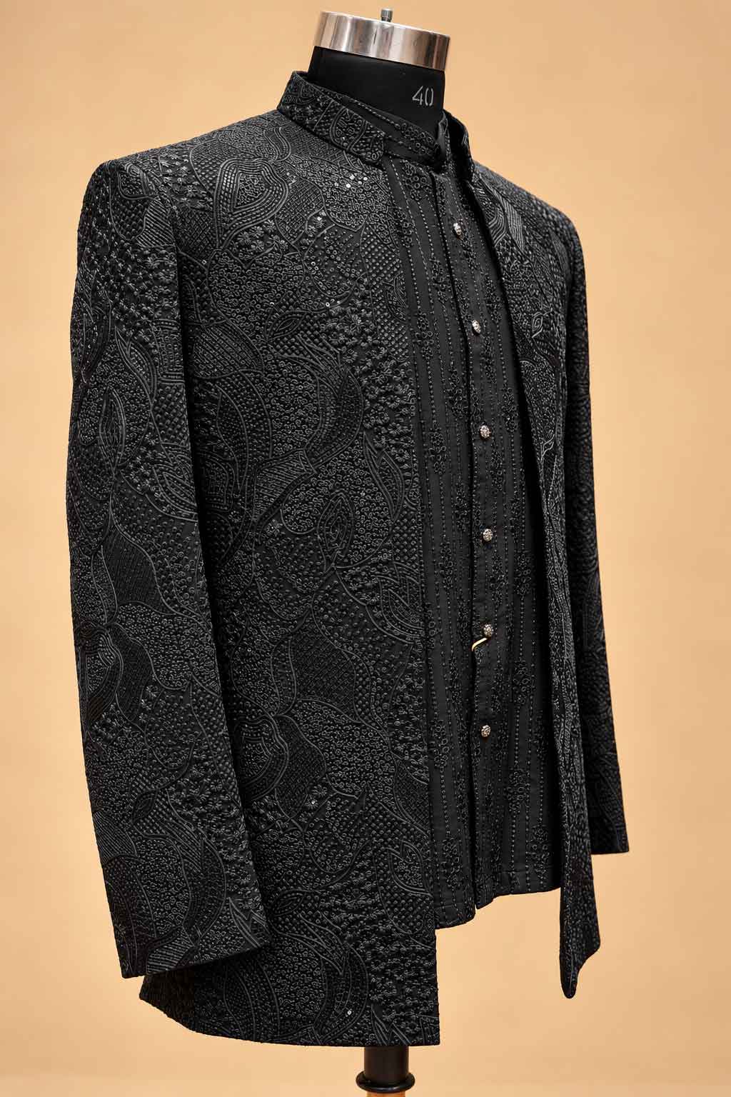 Black Textured Indo-Western Suit Set for Men | Wedding & Reception Wear