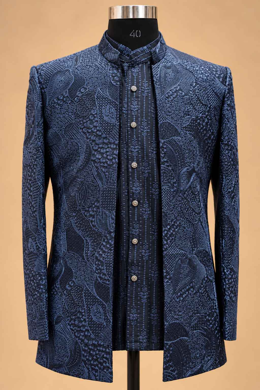 Navy Blue Textured Indo-Western Suit Set for Men | Wedding & Reception Wear