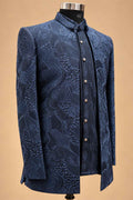 Navy Blue Textured Indo-Western Suit Set for Men | Wedding & Reception Wear