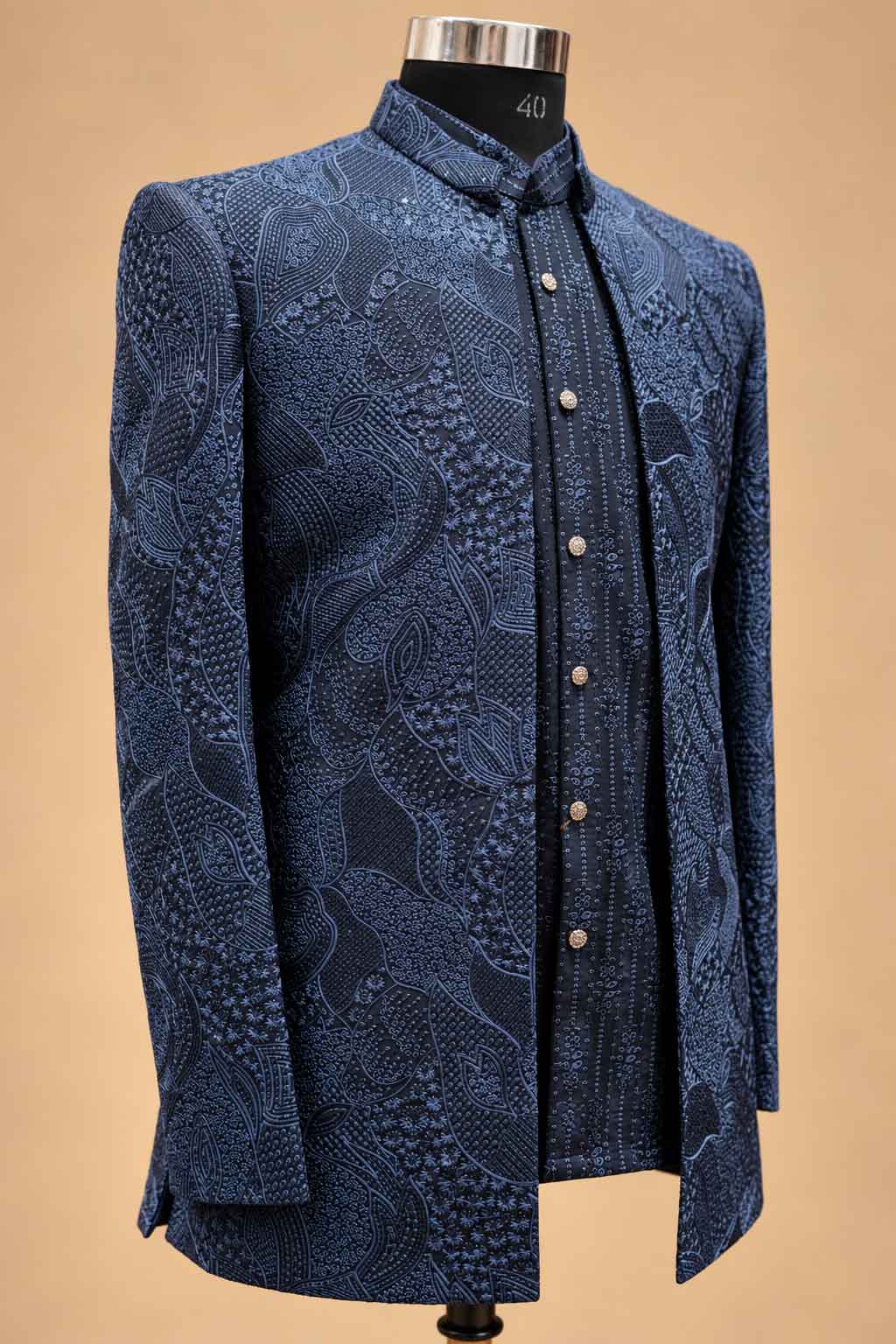 Navy Blue Textured Indo-Western Suit Set for Men | Wedding & Reception Wear