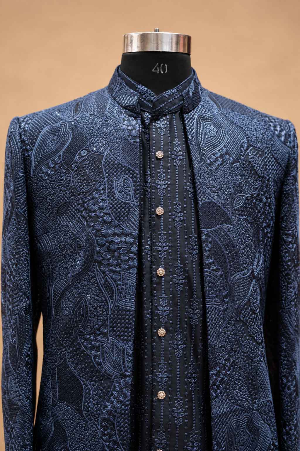 Navy Blue Textured Indo-Western Suit Set for Men | Wedding & Reception Wear