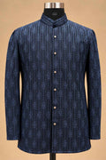 Navy Blue Textured Indo-Western Suit Set for Men | Wedding & Reception Wear