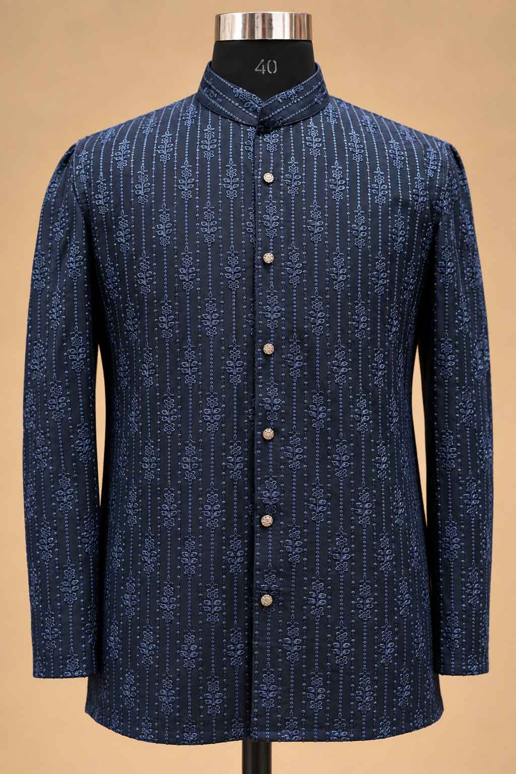 Navy Blue Textured Indo-Western Suit Set for Men | Wedding & Reception Wear