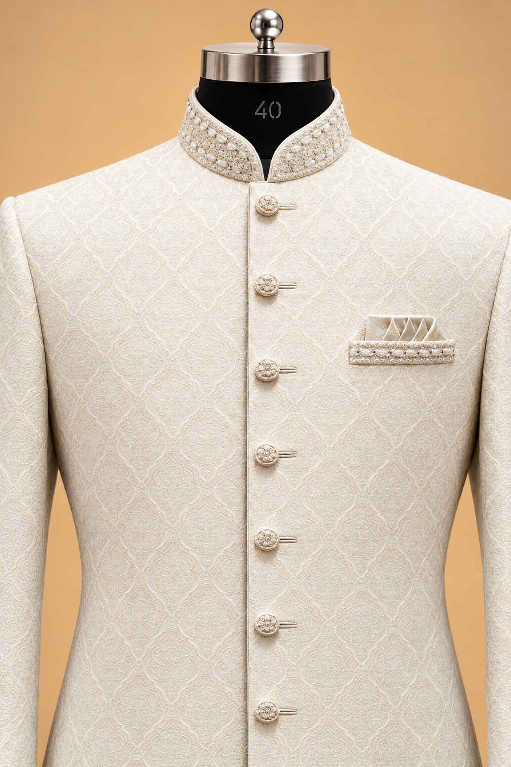 Ivory Textured Sherwani for Men with Draped Dhoti – product image 2