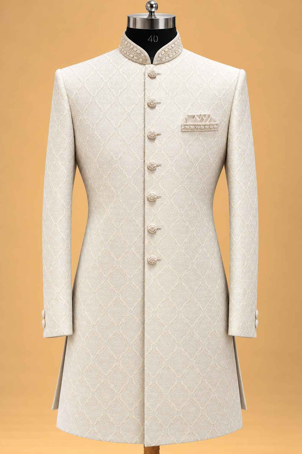 Ivory Textured Sherwani for Men with Draped Dhoti – product image 4