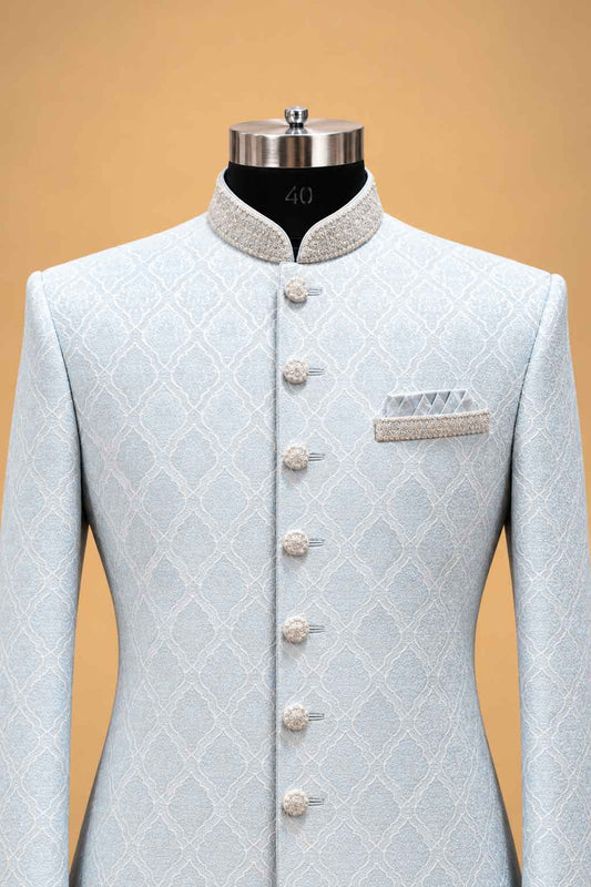Aqua Textured Sherwani for Men with Ivory Trousers – product image 2