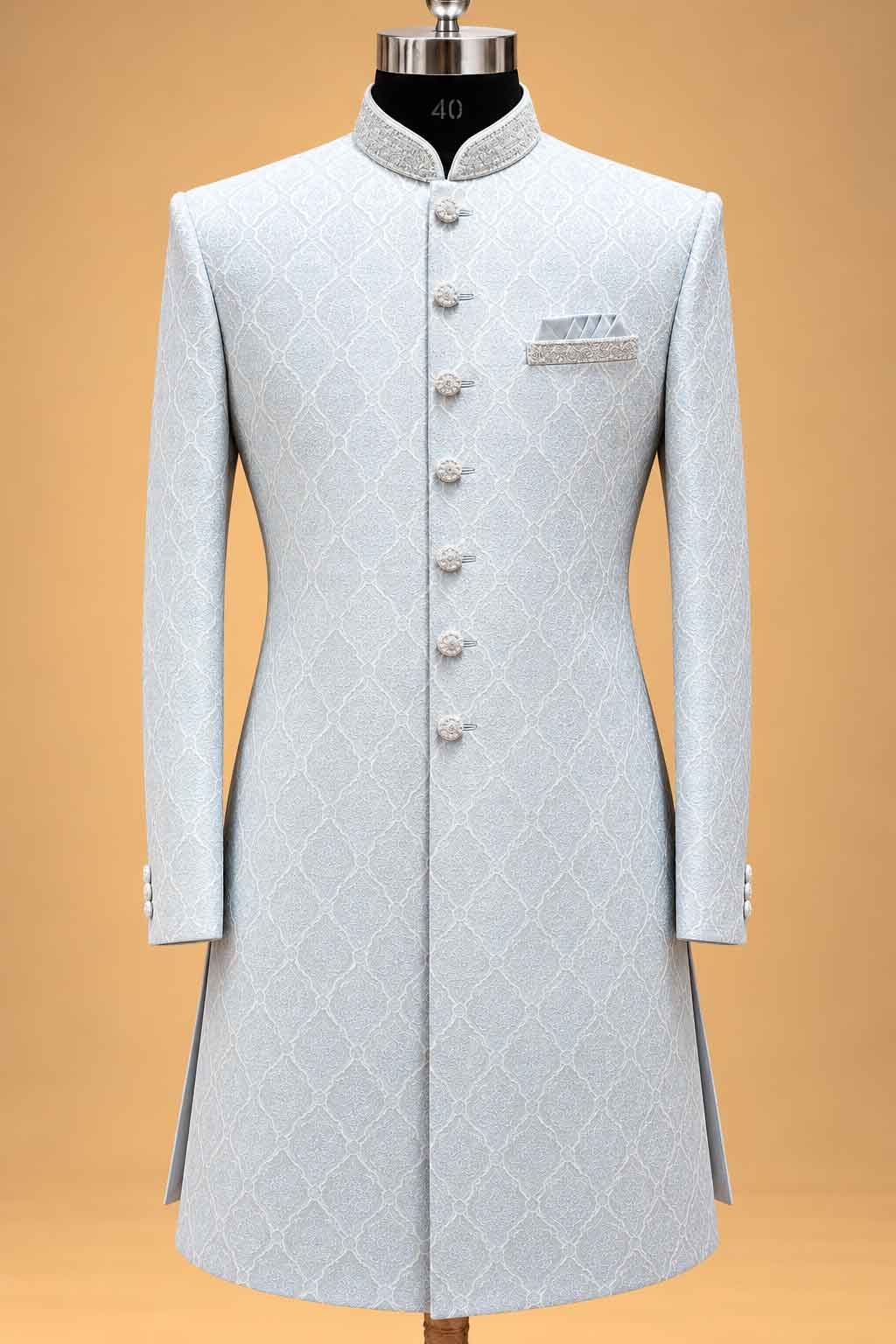 Aqua Textured Sherwani for Men with Ivory Trousers – product image 4