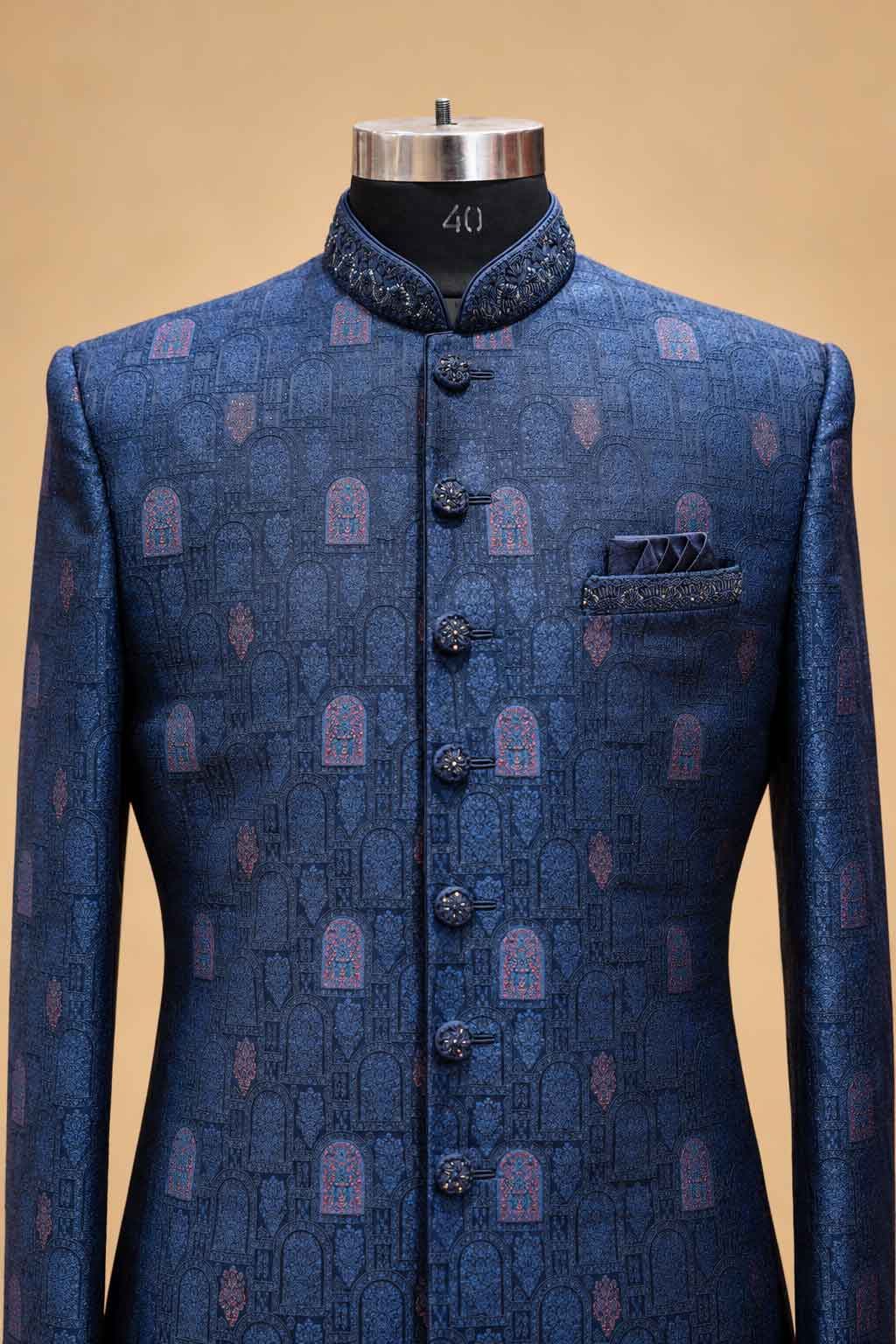 Navy Blue Textured Sherwani with Ivory Dhoti for Men – product image 2